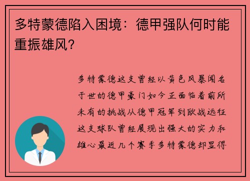 多特蒙德陷入困境：德甲强队何时能重振雄风？
